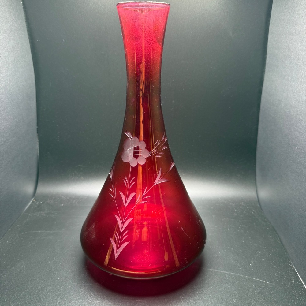 Vintage Ruby Red Glass Vase Etched Floral Teardrop Bud Vase 12x6 Mid Century
